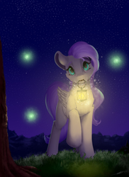 Size: 2000x2750 | Tagged: safe, artist:skitsroom, fluttershy, pegasus, pony, g4, female, folded wings, high res, lantern, looking at you, mare, mouth hold, night, raised hoof, solo, standing, wings