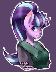 Size: 852x1085 | Tagged: safe, artist:snow angel, starlight glimmer, human, pony, unicorn, g4, breasts, clothes, eared humanization, equalized mane, female, horn, horned humanization, humanized, looking at you, s5 starlight, smiling, solo