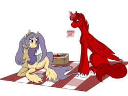 Size: 540x405 | Tagged: safe, artist:kxttponies, oc, oc only, alicorn, earth pony, pony, female, magic, male, mare, picnic blanket, simple background, stallion, transparent background