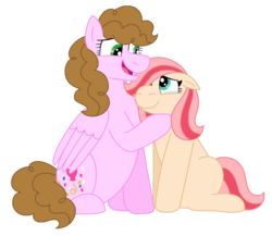 Size: 1496x1298 | Tagged: safe, artist:kindheart525, artist:srbarker, oc, oc only, oc:confetti surprise, oc:cream jade, earth pony, pegasus, pony, kindverse, crying, female, looking at each other, offspring, parent:cheese sandwich, parent:pinkie pie, parents:cheesepie, sisters, story included