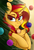Size: 1772x2598 | Tagged: safe, artist:php97, sunset shimmer, pony, unicorn, g4, bell, bell collar, cat bell, chest fluff, christmas, christmas tree, collar, female, holiday, lidded eyes, looking at you, mare, smiling, solo, tree