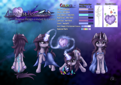 Size: 1280x905 | Tagged: safe, artist:calena, oc, oc only, oc:amethyst heartstone, butterfly, pony, unicorn, :o, cheek fluff, clothes, commission, crystal, cute, female, glowing horn, heart, horn, leg fluff, levitation, looking at something, looking at you, magic, mare, open mouth, reference sheet, scar, sitting, smiling, solo, stone, telekinesis, title