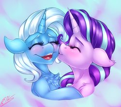 Size: 3216x2844 | Tagged: safe, artist:drizziedoodles, starlight glimmer, trixie, pony, unicorn, blushing, chest fluff, cute, diatrixes, female, glimmerbetes, kissing, lesbian, shipping, smooch, startrix