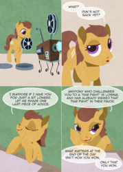 Size: 1144x1602 | Tagged: safe, artist:curiousglaistig, oc, oc:marigold, earth pony, pony, ask pun, ask, comic, eyes closed, female, film projector, hooves, lineless, looking at you, mare, mouth hold, raised hoof, sitting, solo, speech bubble, standing