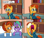 Size: 2823x2481 | Tagged: safe, artist:eagc7, firelight, stellar flare, sunburst, pony, unicorn, bed, book, comic, covering eyes, dialogue, facehoof, female, frown, grin, looking back, male, mare, nervous, nose in the air, open mouth, parody, pillow, screaming, shipping, sitting, smiling, speech bubble, squee, stallion, stellarlight, straight, text, the fresh prince of bel-air, tongue out, uvula, wide eyes, worried, yelling