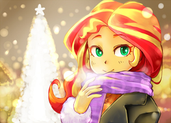 Size: 1200x864 | Tagged: safe, artist:hobilo, sunset shimmer, equestria girls, g4, anime, clothes, cute, female, scarf, shimmerbetes, solo