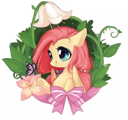 Size: 1753x1651 | Tagged: safe, artist:dreamsugar, fluttershy, butterfly, pegasus, pony, g4, bust, cute, female, flower, looking at something, mare, portrait, shyabetes, smiling, solo