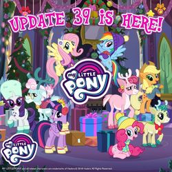 Size: 1080x1080 | Tagged: safe, gameloft, alice the reindeer, applejack, aurora the reindeer, bori the reindeer, fluttershy, pinkie pie, rainbow dash, rarity, twilight sparkle, alicorn, deer, pony, reindeer, g4, my little pony best gift ever, official, christmas, christmas tree, clothes, crown, holiday, jewelry, mane six, present, regalia, scarf, tree, twilight sparkle (alicorn), twilight's castle, winter outfit