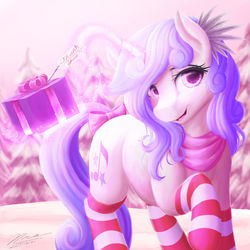Size: 1024x1024 | Tagged: safe, artist:novaintellus, oc, oc only, oc:melodia, pony, unicorn, bandana, bow, clothes, cute, female, glowing horn, horn, looking at you, magic, mare, ocbetes, present, raised hoof, signature, smiling, snow, socks, solo, striped socks, tail bow, telekinesis, thigh highs, tree, winter