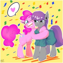 Size: 1000x1000 | Tagged: safe, artist:sozglitch, maud pie, pinkie pie, earth pony, pony, g4, clothes, cute, diapinkes, dress, female, heart, hug, looking at each other, mare, maudabetes, pictogram, pie sisters, sibling love, siblings, sisterly love, sisters, smiling, when she smiles