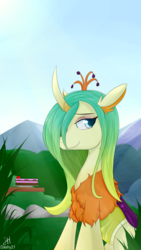 Size: 2160x3840 | Tagged: safe, artist:dashy21, queen chrysalis, changedling, changeling, g4, a better ending for chrysalis, cake, chest fluff, cute, cutealis, ear fluff, female, floppy ears, food, high res, lidded eyes, purified chrysalis, reformed, sitting, smiling, solo, table