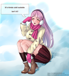 Size: 1000x1100 | Tagged: safe, artist:draltruist, fluttershy, human, g4, boots, clothes, cold, content, earmuffs, eyes closed, female, gloves, happy, high heel boots, humanized, jacket, legs, miniskirt, outdoors, plaid skirt, pleated skirt, scarf, shoes, skirt, snow, socks, solo, talking, thighs, winter