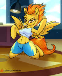 Size: 1371x1692 | Tagged: safe, alternate version, artist:moonhoek, spitfire, pegasus, anthro, semi-anthro, rcf community, g4, wonderbolts academy, arm hooves, armpits, clothes, desk, desk lamp, digital art, female, full body, hoof hold, looking at you, patreon, patreon exclusive, patreon logo, raised eyebrow, smiling, solo, spitfire's office, spread wings, wings