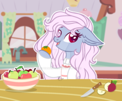 Size: 1024x853 | Tagged: safe, artist:dianamur, oc, oc only, earth pony, pony, apple, clothes, deviantart watermark, female, food, knife, mare, obtrusive watermark, solo, sweater, watermark