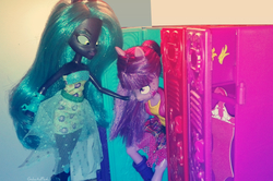 Size: 2964x1967 | Tagged: safe, artist:galacticflashd, queen chrysalis, twilight sparkle, unicorn, equestria girls, g4, bully, bullying, doll, evil eyes, female, irl, photo, rouge, toy