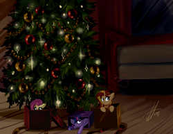 Size: 2700x2080 | Tagged: safe, artist:xjenn9, fluttershy, sunset shimmer, twilight sparkle, alicorn, pegasus, pony, unicorn, g4, box, christmas, christmas tree, cute, female, high res, holiday, mare, pony in a box, present, tree, twilight sparkle (alicorn)