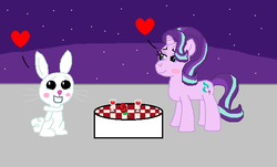Size: 623x376 | Tagged: safe, artist:drypony198, angel bunny, starlight glimmer, g4, blushing, date, date night, drink, female, flower, heart, interspecies, male, night, rose, ship:starbunny, shipping, straight