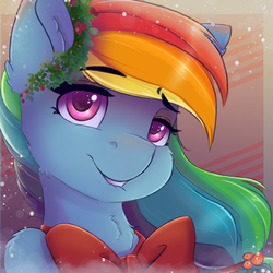 Size: 1800x1800 | Tagged: safe, artist:ardail, rainbow dash, pegasus, pony, g4, abstract background, bow, bust, christmas, christmas wreath, commission, female, holiday, lip bite, looking at you, mare, solo, wreath