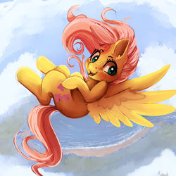 Size: 1024x1024 | Tagged: safe, artist:miokomata, fluttershy, pegasus, pony, anatomically incorrect, cloud, cute, female, flying, freckles, incorrect leg anatomy, looking at you, looking sideways, mare, open mouth, shyabetes, sky, smiling, solo, spread wings, vertigo, wings