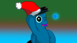 Size: 3840x2160 | Tagged: safe, artist:agkandphotomaker2000, oc, oc only, oc:pony video maker, pegasus, pony, christmas, hat, high res, holiday, one eye closed, santa hat, simple yet cute, solo, wink