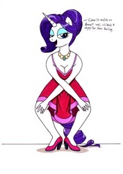 Size: 2468x3492 | Tagged: safe, artist:killerteddybear94, rarity, unicorn, anthro, g4, arm boob squeeze, beautisexy, bedroom eyes, breasts, charleston, cleavage, clothes, dancing, dancity, dialogue, dress, eyeshadow, female, hair bun, high res, jewelry, lidded eyes, looking at you, makeup, mare, necklace, open mouth, seductive look, shoes, smiling, solo, talking to viewer, traditional art