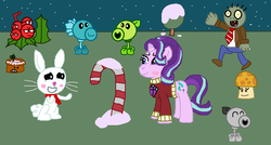 Size: 738x395 | Tagged: safe, artist:drypony198, angel bunny, starlight glimmer, zombie, g4, blushing, candy, candy cane, clothes, dry peashooter, female, flower pot, food, interspecies, jolly barrier, male, night, peashooter, plants vs zombies, ship:starbunny, shipping, snow, snow pea, straight, sun shroom, sweater, tree