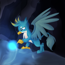 Size: 2000x2000 | Tagged: safe, artist:andromedasparkz, gallus, griffon, g4, cave, curious, high res, magic orb, male, pointing, solo