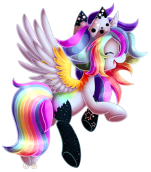 Size: 1400x1600 | Tagged: safe, artist:chibi-ban, oc, oc only, oc:pastel chole, alicorn, pony, alicorn oc, commission, eyes closed, female, flying, freckles, mare, markings, multicolored hair, rainbow hair, raised hoof, simple background, solo, tattoo, transparent background, underhoof, watermark