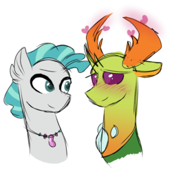 Size: 1155x1154 | Tagged: safe, artist:gallantserver, terramar, thorax, changedling, changeling, hippogriff, seapony (g4), g4, blushing, bust, crack shipping, duo, gay, heart, interspecies, jewelry, king thorax, male, necklace, shipping, simple background, terrax, transformation, transparent background