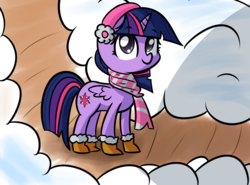 Size: 2322x1715 | Tagged: safe, artist:artiks, twilight sparkle, alicorn, pony, g4, boots, clothes, earmuffs, female, looking at you, mare, scarf, shoes, snow, solo, twilight sparkle (alicorn)