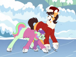 Size: 2048x1536 | Tagged: safe, artist:pastel-charms, oc, oc only, oc:lucky horseshoe, oc:pansy everfree, earth pony, pony, adopted offspring, clothes, female, glasses, ice skating, male, mare, offspring, parent:applejack, parent:trouble shoes, parent:twilight sparkle, parents:troublejack, stallion