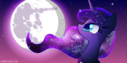 Size: 1400x700 | Tagged: safe, artist:lennonblack, princess luna, alicorn, pony, g4, 2014, description in comments, ethereal mane, female, full moon, galaxy, galaxy mane, looking up, mare, mare in the moon, moon, princess of the night, solo