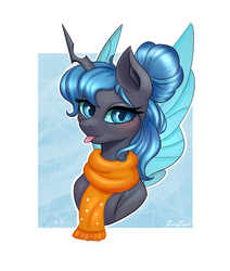 Size: 2392x2822 | Tagged: safe, artist:furrycrystal, oc, oc only, oc:marena, changeling, changeling queen, :p, abstract background, blue changeling, blushing, bust, changeling queen oc, clothes, female, hair bun, high res, portrait, scarf, silly, solo, tongue out, ych result