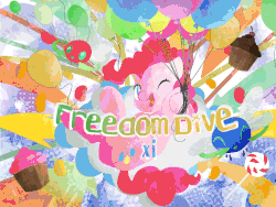 Size: 1024x768 | Tagged: safe, artist:tropicalwings, pinkie pie, earth pony, parasprite, pony, g4, animated, arrow, balloon, candy, color porn, cupcake, cytus, female, floating, food, freedom dive, gif, happy, jelly beans, lollipop, one eye closed, parody, solo, song reference, xi