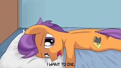 Size: 1280x720 | Tagged: safe, artist:unsavorydom, tender taps, earth pony, pony, g4, a channel, anime, bed, blanket, colt, depression, i want to die, lying down, male, meme, open mouth, parody, pillow, prone, solo, subtitles