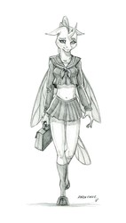 Size: 800x1404 | Tagged: safe, artist:baron engel, ocellus, changedling, changeling, anthro, unguligrade anthro, g4, season 8, belly button, clothes, female, grayscale, midriff, monochrome, pencil drawing, sailor uniform, school uniform, schoolgirl, shoes, simple background, skinny, socks, solo, thin, traditional art, uniform, white background