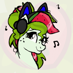 Size: 849x849 | Tagged: safe, artist:sjart117, oc, oc only, oc:watermelana, pony, animated, bust, flashing lights, freckles, gif, headphones, looking up, music, music notes, portrait, sketch, solo