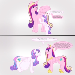 Size: 2000x2000 | Tagged: safe, artist:krumpcakes, princess cadance, princess flurry heart, alicorn, pony, g4, adult, age progression, comic, dialogue, duo, duo female, female, high res, kicking, mama cadence, mama flurry, mother and daughter, multiple pregnancy, older, older flurry heart, pregdance, pregnant, text