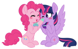 Size: 3201x2043 | Tagged: safe, artist:chub-wub, pinkie pie, twilight sparkle, alicorn, earth pony, pony, g4, blushing, boop, cute, eyes closed, female, food, high res, lesbian, mare, pudding, puddle, ship:twinkie, shipping, simple background, smiling, spread wings, transparent background, twilight sparkle (alicorn), wings