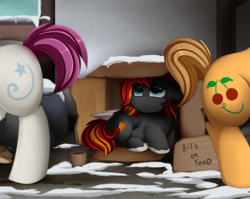 Size: 2950x2350 | Tagged: safe, artist:pridark, oc, oc only, oc:flame runner, pegasus, pony, cardboard box, commission, female, high res, homeless, mare, sad, sign, snow, solo focus, unshorn fetlocks
