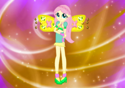 Size: 1024x722 | Tagged: safe, artist:gouhlsrule, artist:user15432, fluttershy, fairy, equestria girls, g4, alternate hairstyle, believix, clothes, crossover, element of kindness, fairy wings, fairyized, fingerless gloves, gloves, hairstyle, hasbro, hasbro studios, high heels, rainbow s.r.l, shoes, solo, sparkly background, winged humanization, wings, winx, winx club, winxified, yellow wings