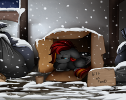 Size: 2950x2350 | Tagged: safe, artist:pridark, oc, oc only, oc:flame runner, pegasus, pony, commission, female, filly, high res, homeless, sad, snow, snowfall, solo