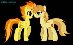 Size: 1050x642 | Tagged: safe, artist:ementy344shiney45, braeburn, spitfire, earth pony, pegasus, pony, g4, black background, crack shipping, duo, facing each other, female, male, mare, shipping, simple background, spitburn, stallion, straight