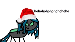 Size: 853x479 | Tagged: safe, artist:round trip, edit, queen chrysalis, changeling, round trip's mlp season 8 in a nutshell, g4, the mean 6, c:, christmas, christmas changeling, female, floppy ears, hat, holiday, minimalist, modern art, queen christmas, santa hat, simple background, smiling, solo, stylistic suck, wat, white background