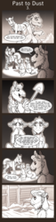 Size: 675x2700 | Tagged: safe, artist:inuhoshi-to-darkpen, professor fossil, rockhoof, comic:past to dust, a rockhoof and a hard place, g4, comic, dialogue, family, fanfic, fire, flashback, indoors, parent, ruins