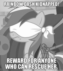 Size: 600x680 | Tagged: safe, edit, edited screencap, screencap, rainbow dash, daring done?, g4, blindfold, caption, image macro, memeful.com, rope, text, tied up