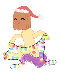 Size: 788x942 | Tagged: safe, artist:candycrusher3000, oc, oc:paper bag, christmas, fake cutie mark, happy, hat, holiday, lights, paper bag, santa hat, simple background, transparent background