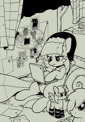 Size: 2034x2918 | Tagged: safe, artist:yunlongchen, oc, oc only, oc:cynosura, pony, black and white, computer, grayscale, high res, laptop computer, monochrome, on back, plushie, solo, traditional art