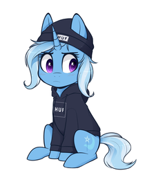 Size: 968x1150 | Tagged: safe, artist:higglytownhero, trixie, pony, unicorn, g4, beanie, blushing, clothes, cute, diatrixes, female, hat, hoodie, huf, mare, simple background, sitting, solo, sweater, white background