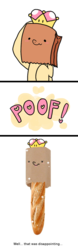 Size: 500x1600 | Tagged: safe, artist:paperbagpony, oc, oc only, oc:paper bag, earth pony, pony, baguette, blushing, bread, comic, crown, female, food, heart, jewelry, mare, paper bag, poof, pun, regalia, scrunchy face, simple background, smiling, sparkles, super crown, toadette, transformation, visual pun, wat, wavy mouth, white background